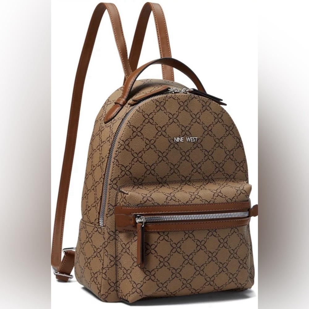 New Nine West Vander Medium Dome Backpack Mocha Logo Print